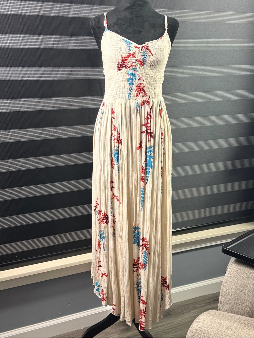 Free People Intimately Beau Smocked Floral Maxi Dress Size Medium Cream Blue Red